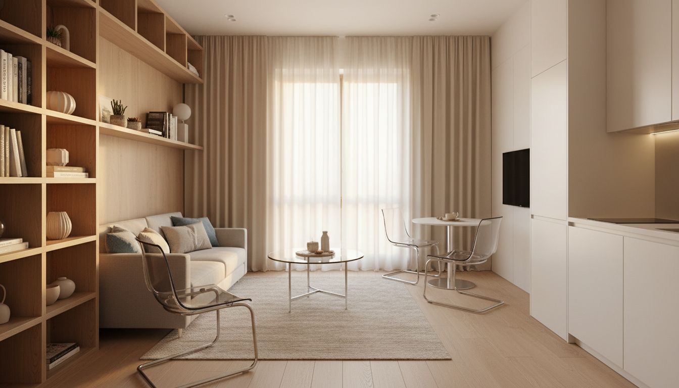 Kleines Zimmer mit Glascouchtisch, transparenten Möbeln und hell verlegtem Boden zur optischen Vergrößerung