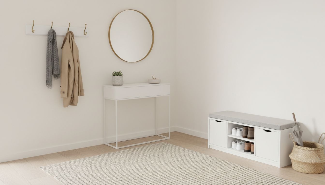 Eingangsbereich einer kleinen Wohnung mit cleveren Aufbewahrungslösungen