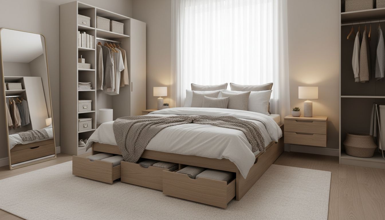 Kleines Schlafzimmer mit Bett-Stauraum und wandmontierten Nachttischen