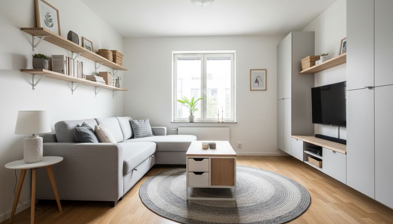 Kleines Wohnzimmer mit cleveren Stauraumlösungen und hellem skandinavischen Design