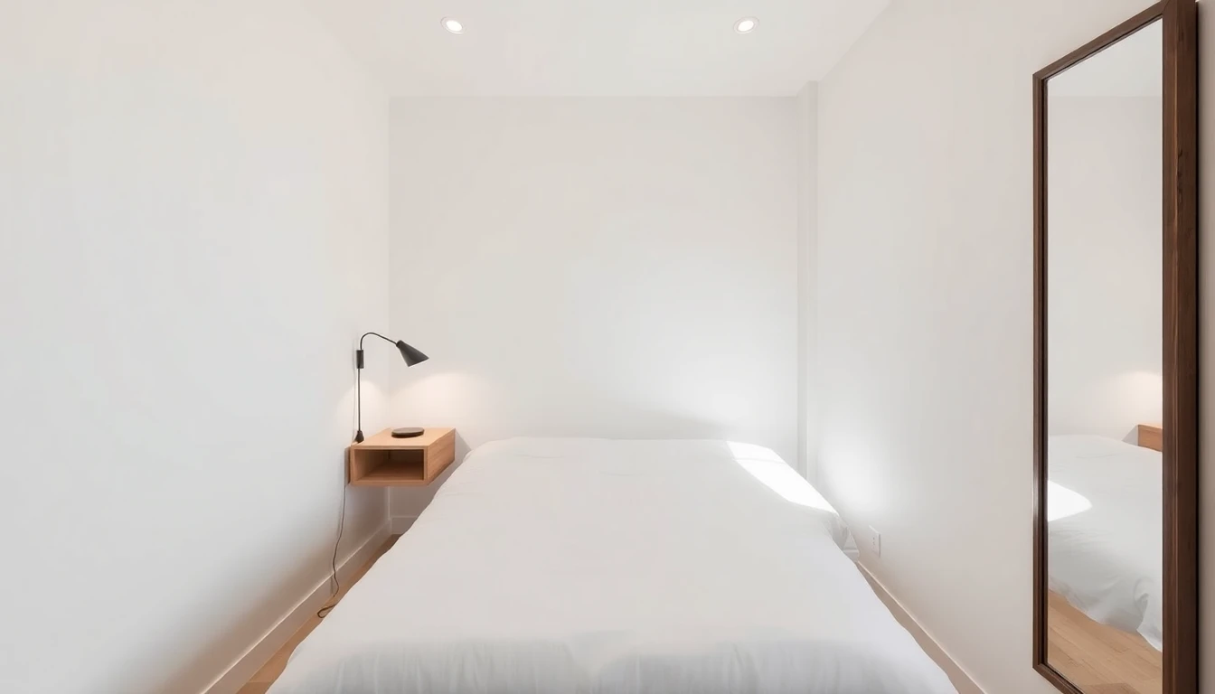 Cleveres 8 Quadratmeter Zimmer mit Einzelbett, schmalem Schreibtisch, Wandregal und großem Spiegel für optische Weite