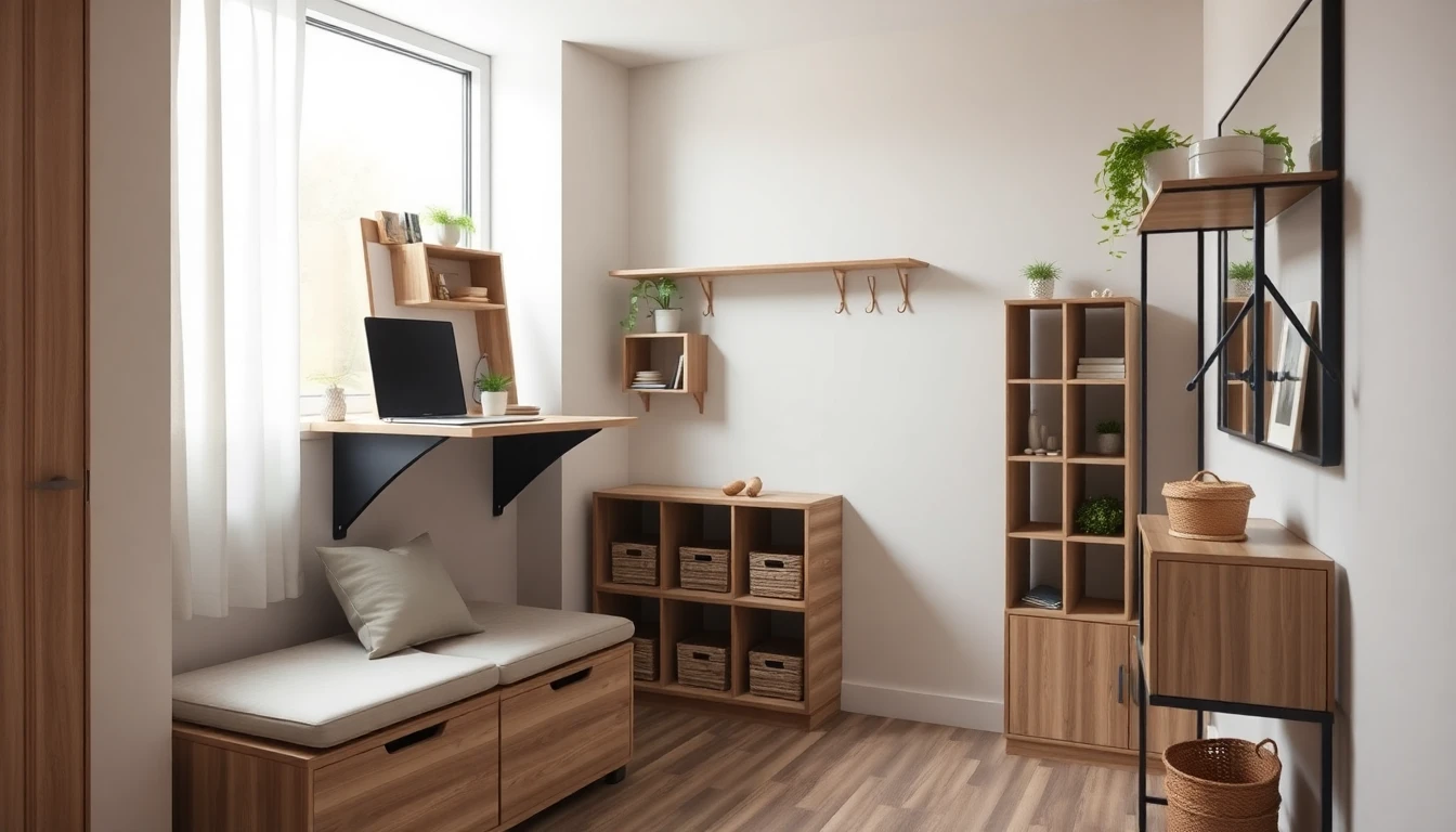 Multifunktional eingerichteter kleiner Raum mit wandmontiertem Klappschreibtisch, Aufbewahrungsbank mit Kissen und modularem Regal