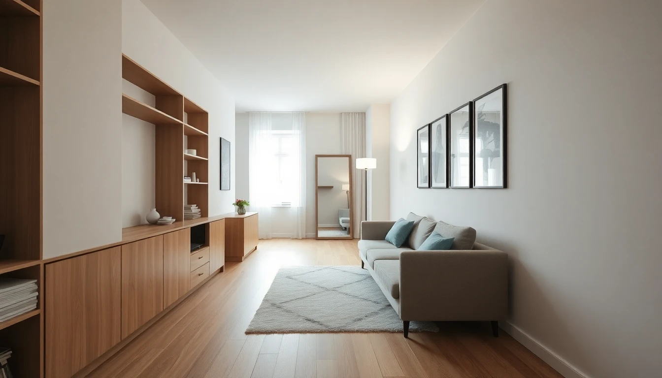 Schmales Zimmer mit Regalwand und Sideboard an der Längswand, kompaktem Sofa und großem Spiegel zur optischen Weitung