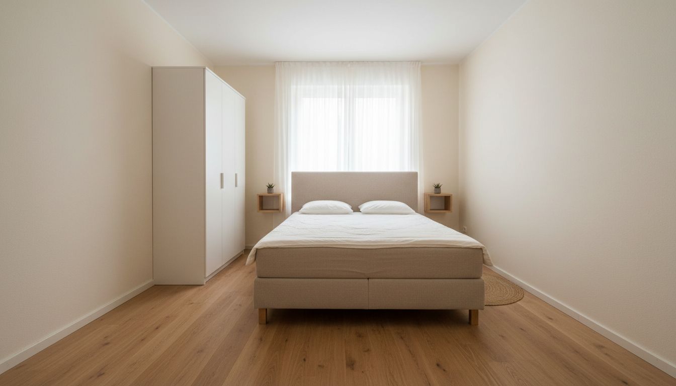 Kleines Schlafzimmer mit Doppelbett unter dem Fenster, weißem Kleiderschrank und hellem Eichenboden