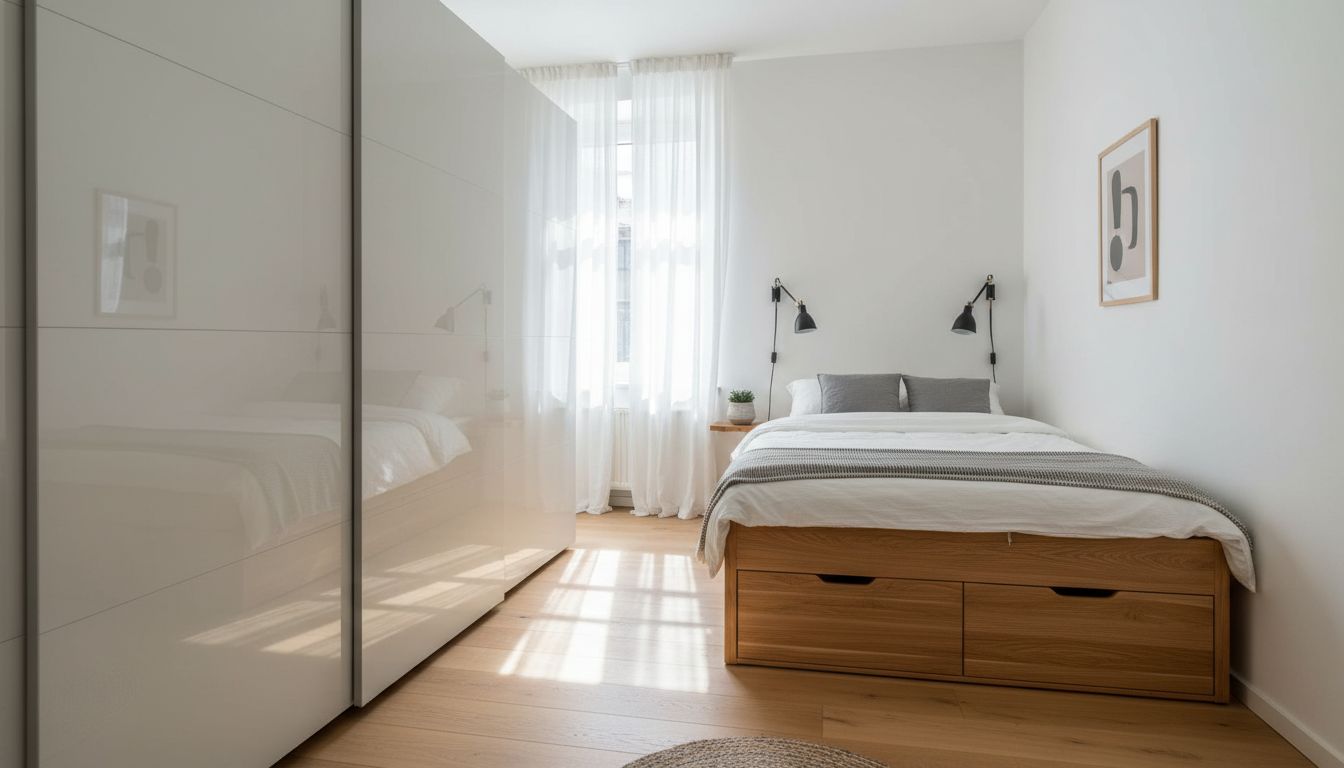 Kleines Schlafzimmer mit raumhohem Schiebetüren-Kleiderschrank, Bett mit Schubladen und Wandleuchten