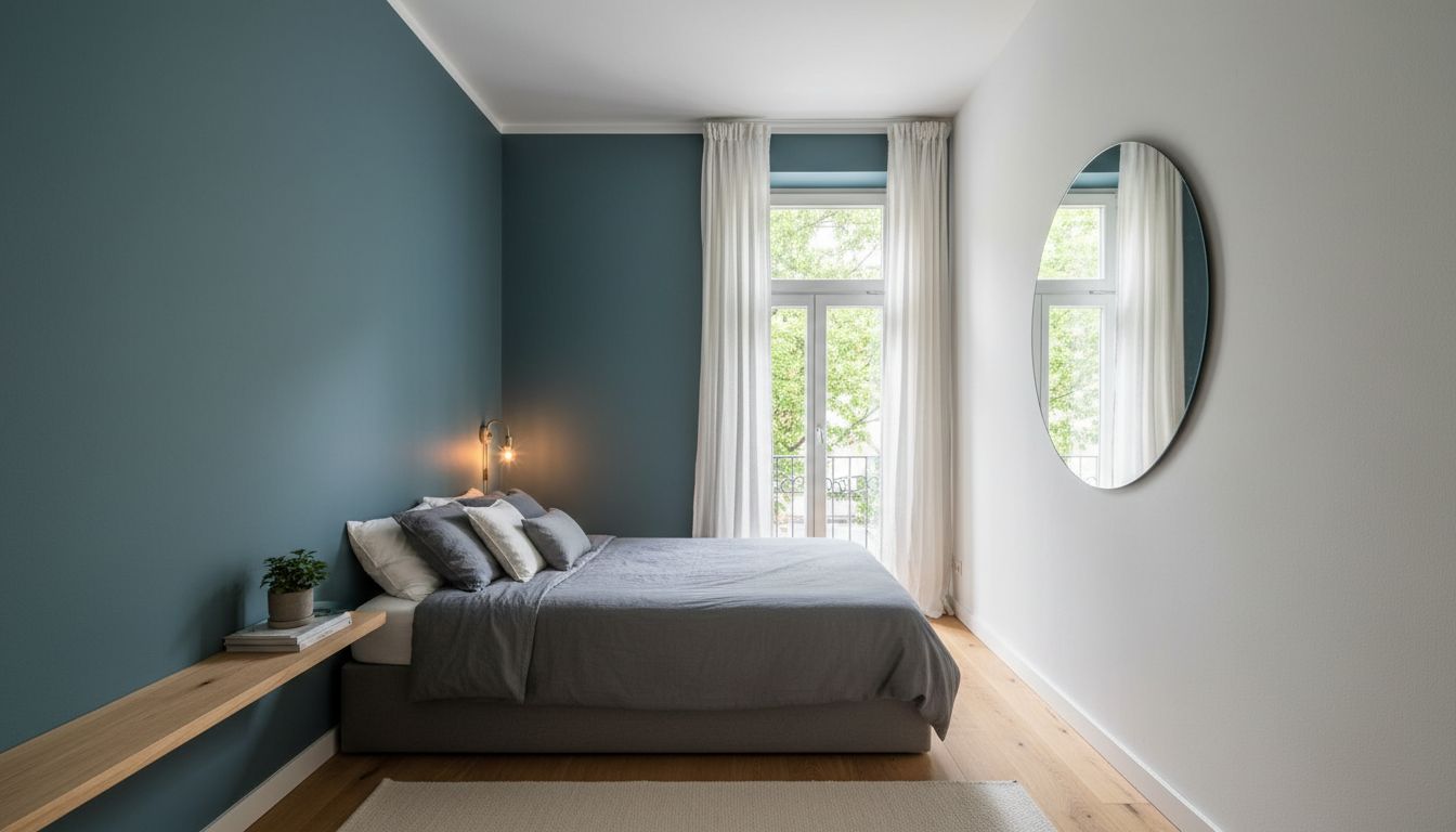 Schmales Schlafzimmer mit blaugrüner Wand hinter dem Bett, hellen Vorhängen und rundem Spiegel gegenüber dem Fenster