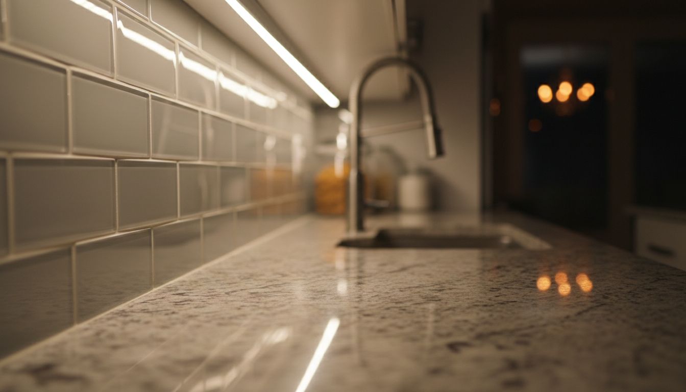 Unterbauleuchte mit LED-Streifen beleuchtet die Arbeitsplatte und den Fliesenspiegel in der Küche
