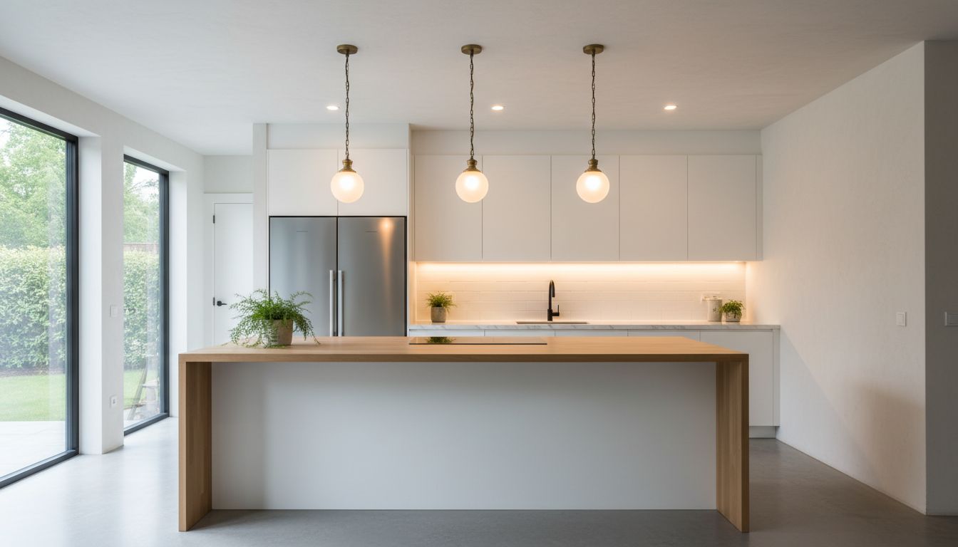 Moderne Küche mit Pendelleuchten über der Kochinsel, Deckenspots und Unterbaulicht an der Arbeitsplatte