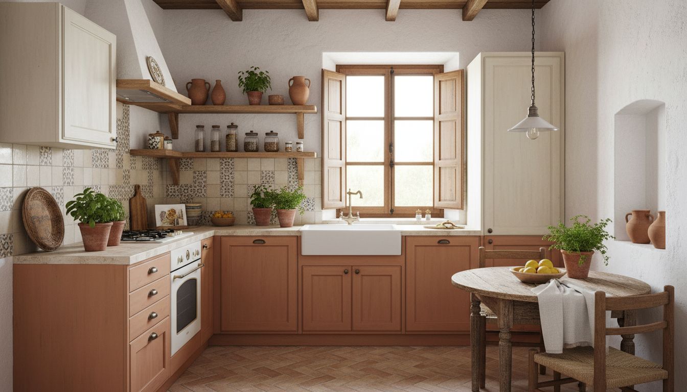 Kleine Küche mit terrakottafarbenen Schränken, offenen Holzregalen und Kräutertöpfen