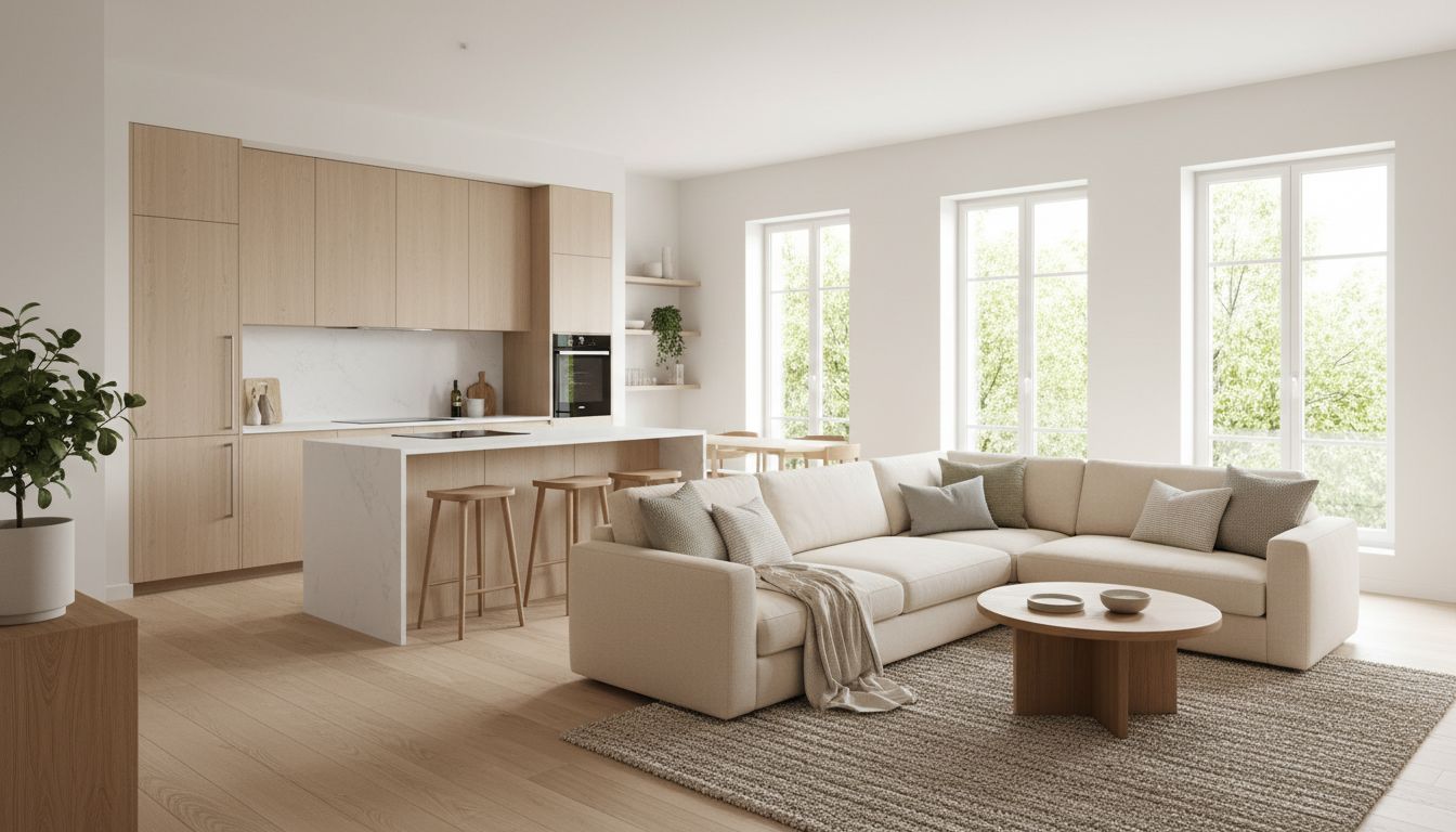 Offene Küche im Wohnbereich, per KI mit neuen Fronten und passend zum Wohnzimmer abgestimmter Farbe gestaltet