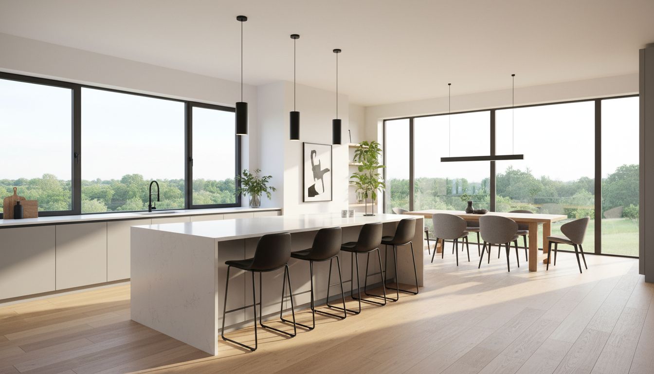 Moderne Küchenzeile mit integrierten Elektrogeräten und schmalem Holzregal für Gewürze