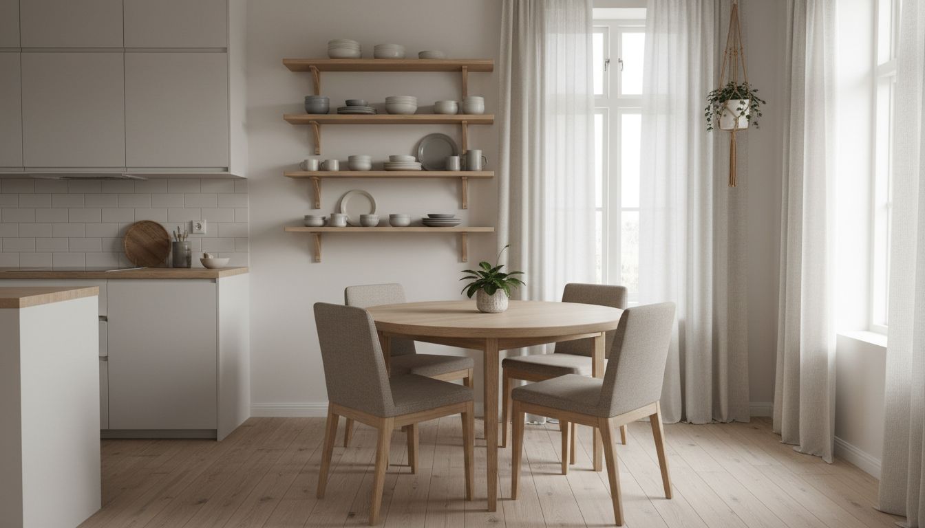 Skandinavischer Essbereich neben der Küche mit rundem Holztisch, hellen Stühlen und offenem Regal