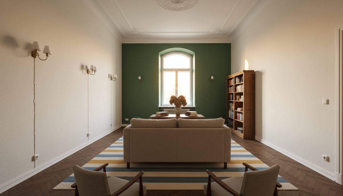 Längliches Zimmer einrichten: schmaler Altbauraum mit Sofa quer als Raumteiler, Teppich als Zonentrenner und farbig betonter kurzer Wand
