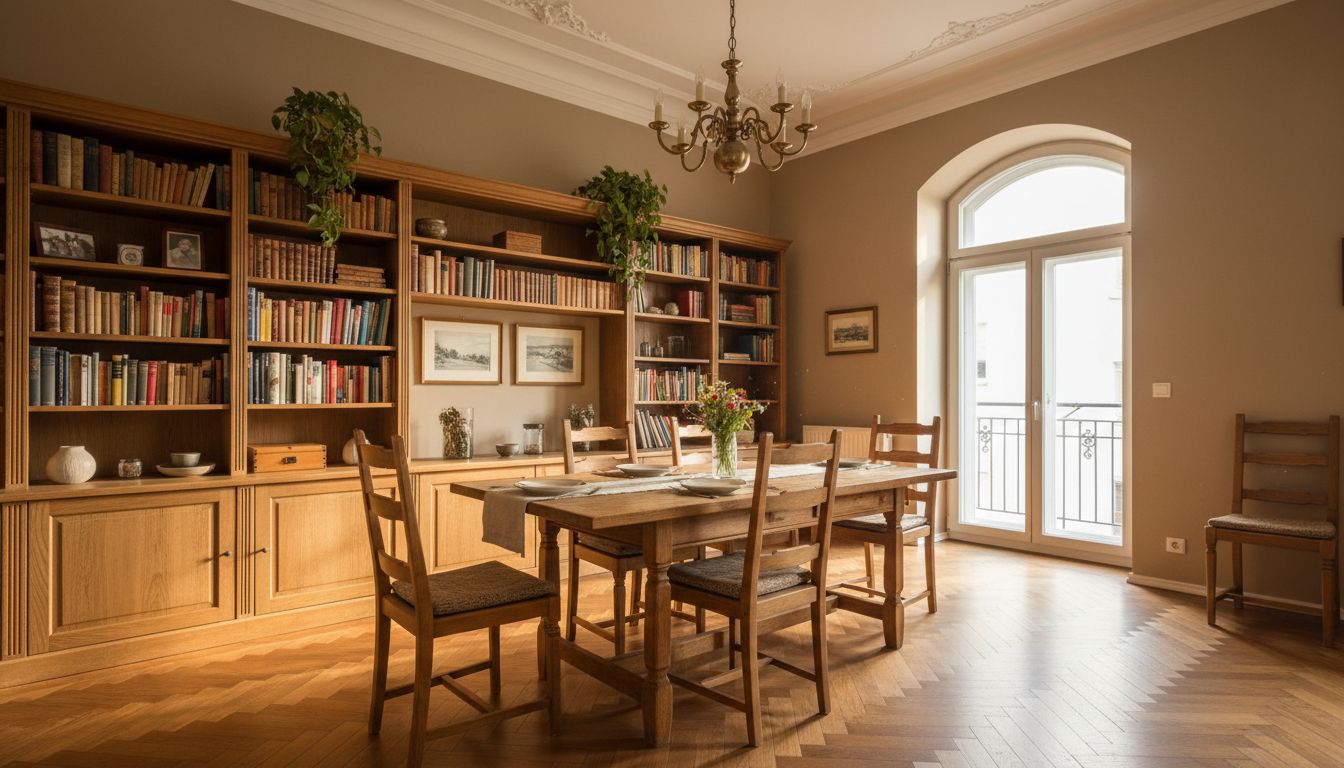 Esstisch mit vier Stühlen im Altbau, zwischen Stuhllehnen und Regalwand bleibt ein Durchgang