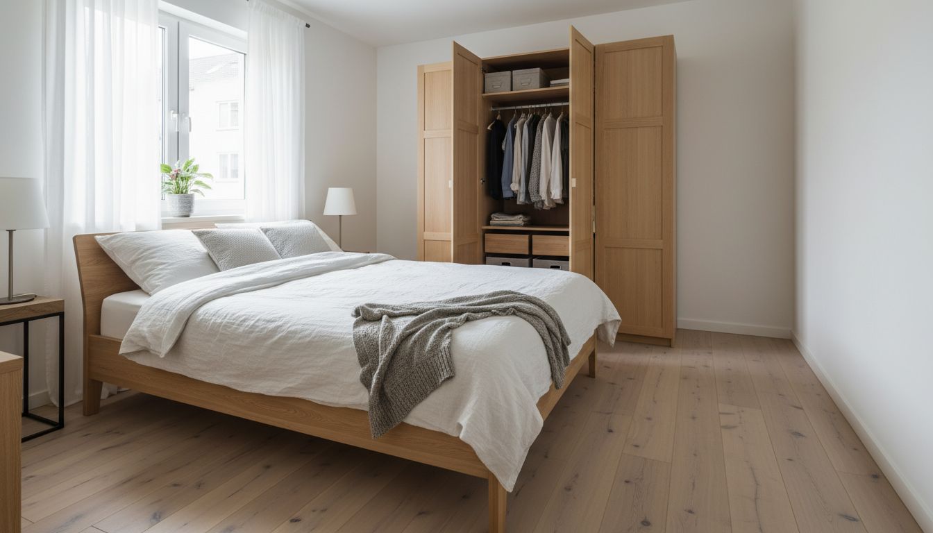 Schlafzimmer mit Doppelbett und Kleiderschrank, vor dem geöffneten Schrank und neben dem Bett bleibt Platz