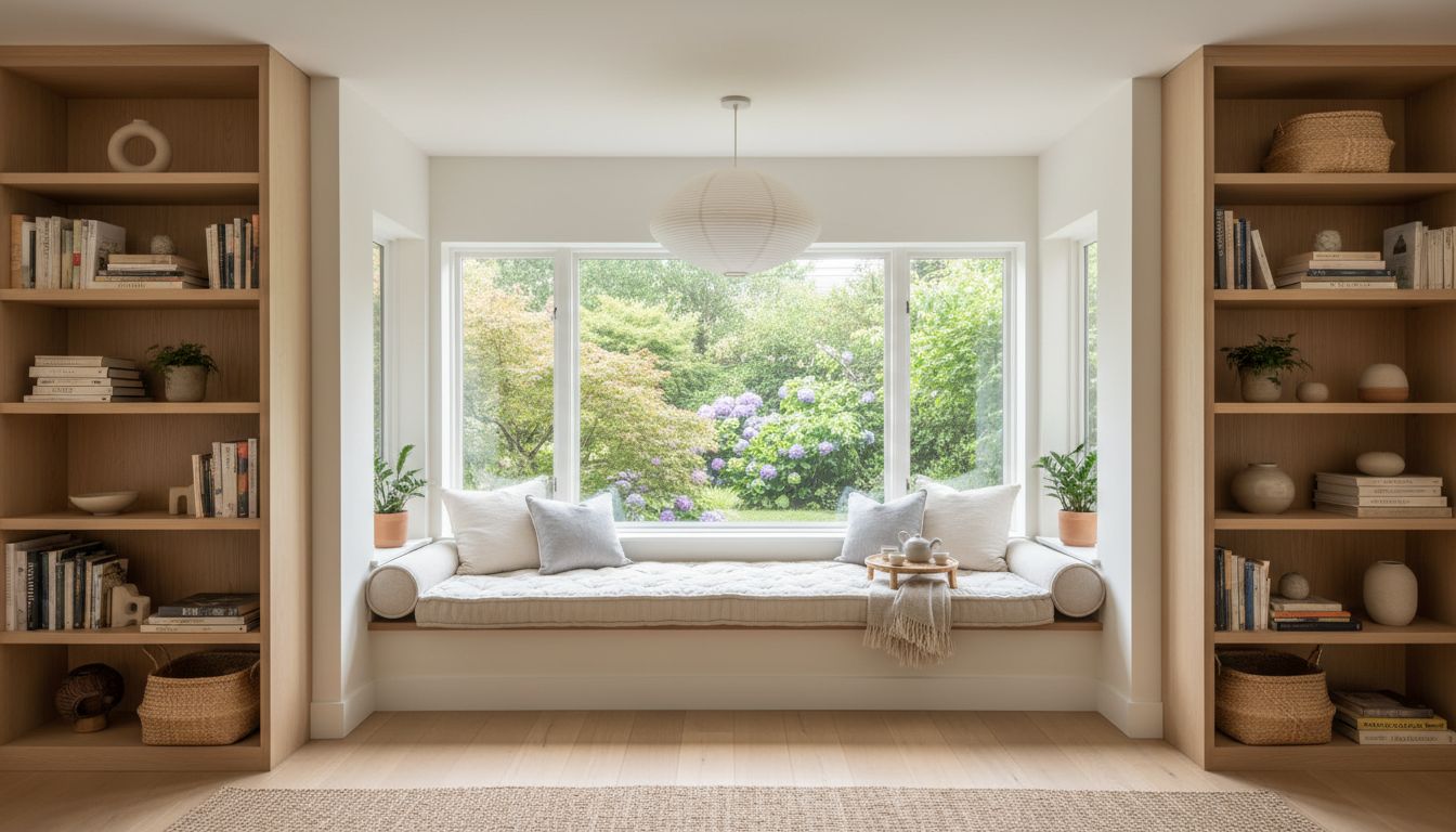 Heller Fenstersitz mit Kissen, Bücherregal und Pendelleuchte in einer kleinen Wohnung