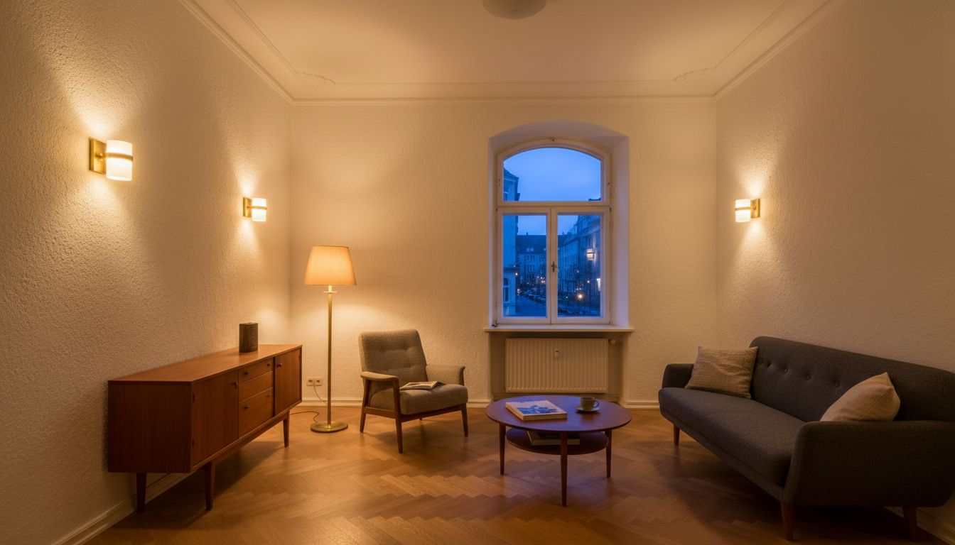 Lichtplanung mit KI: Wohnzimmer mit warmem Grundlicht, Stehleuchte als Zonenlicht und Wandleuchten als Akzentlicht