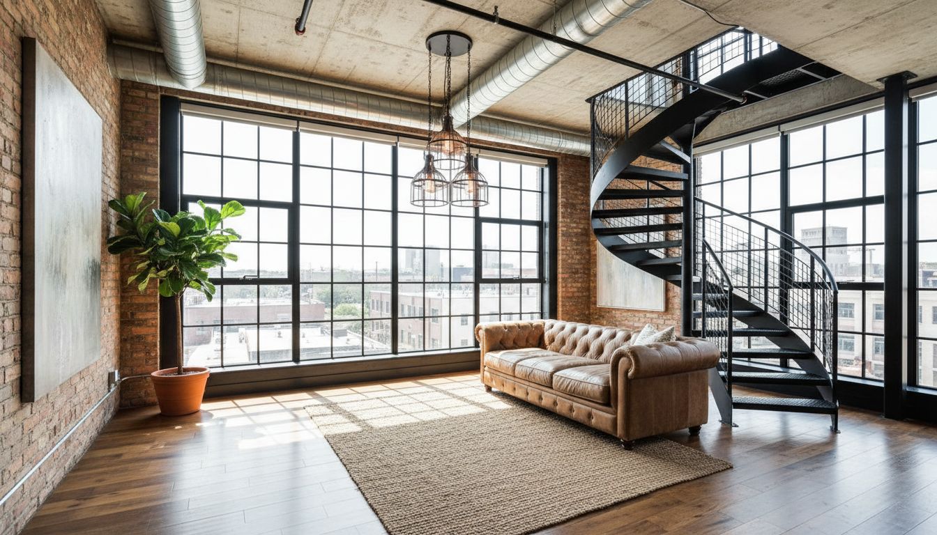 Loft-Wohnbereich mit Galerieebene, Stahltreppe und Ledersofa unter hohen Fenstern