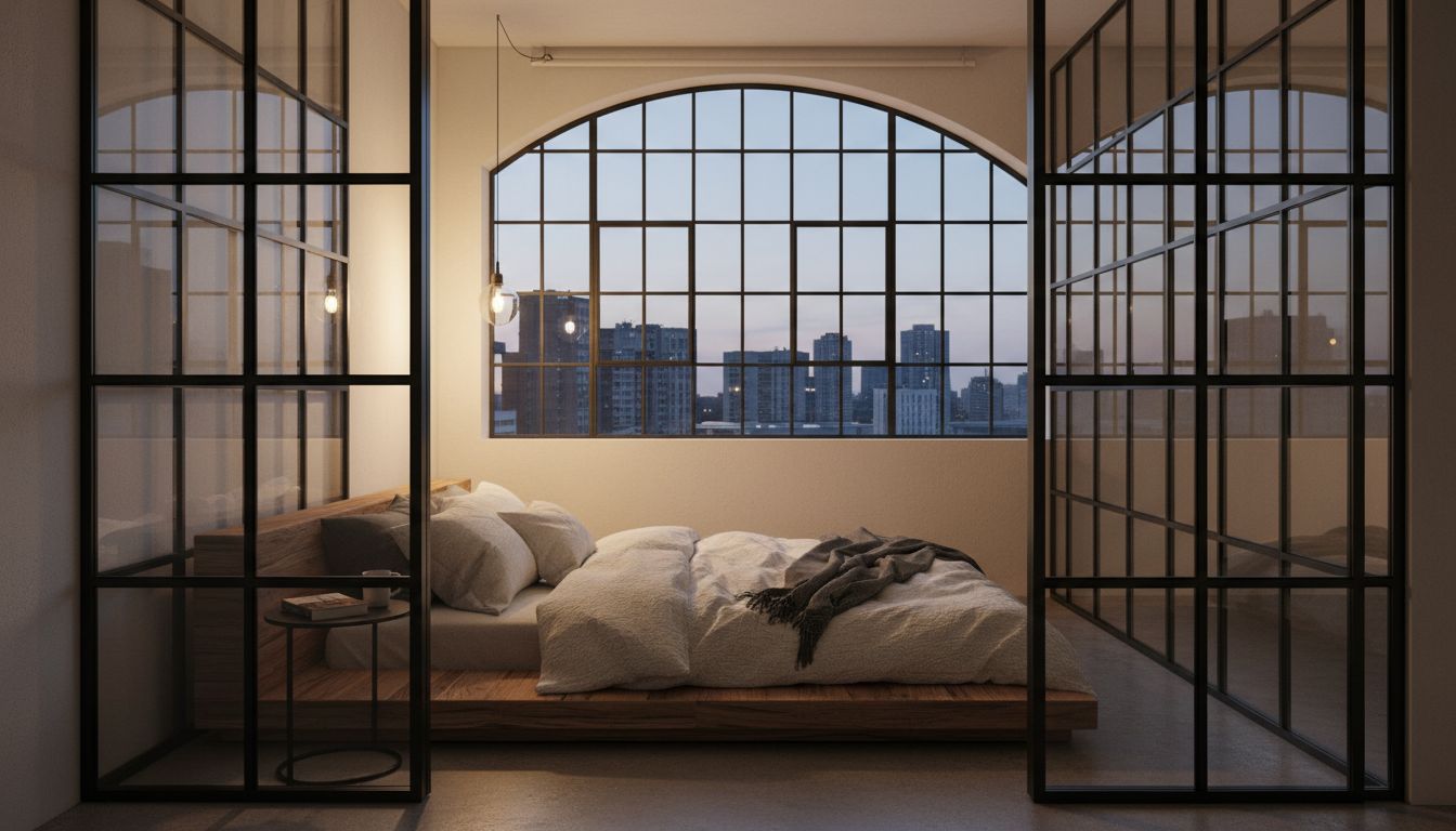 Abgetrennter Loft-Schlafbereich mit Glas-Stahl-Partition, Bett und warmer Leinenbettwäsche
