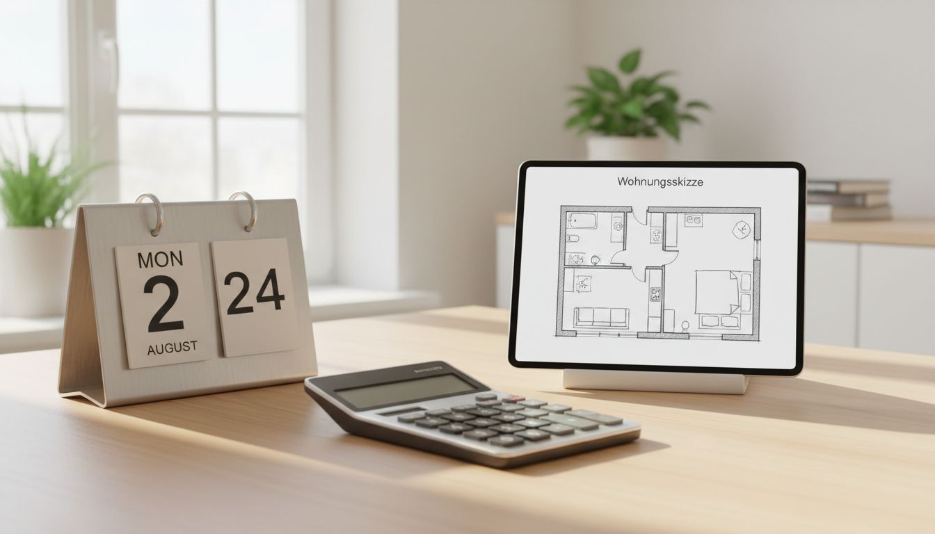 Nahaufnahme eines Kalenders und eines Taschenrechners neben einem Tablet mit Wohnungsgrundriss, symbolisch für die Abo-Laufzeit-Entscheidung