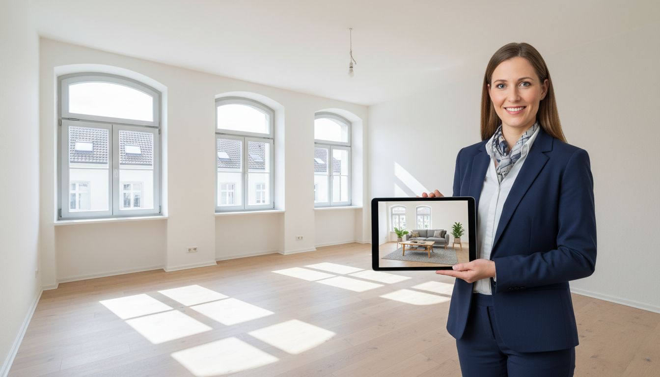 Maklerin zeigt auf einem Tablet die möblierte Ansicht einer leeren Wohnung neben dem tatsächlichen Foto des leeren Raums