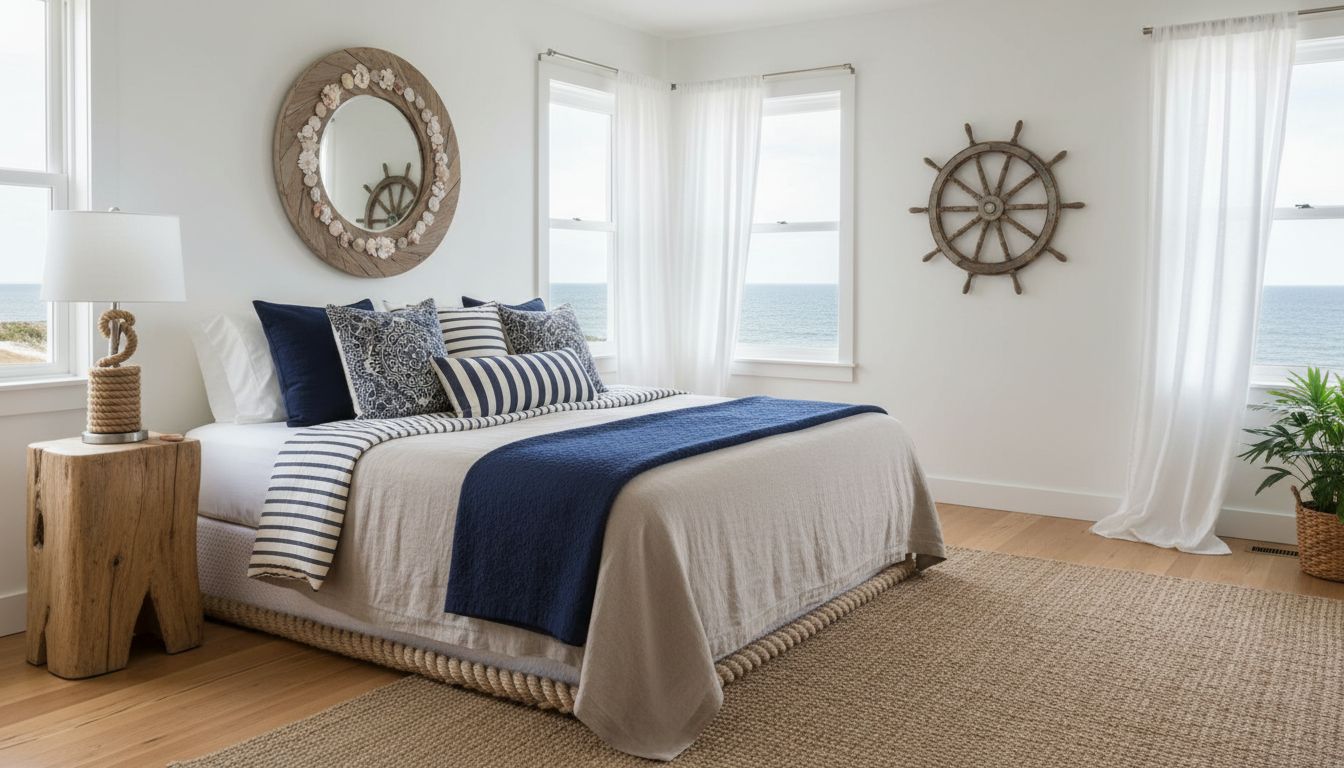Maritimes Schlafzimmer mit weißer Bettwäsche, marineblauen Streifenkissen und Rattan-Nachttisch