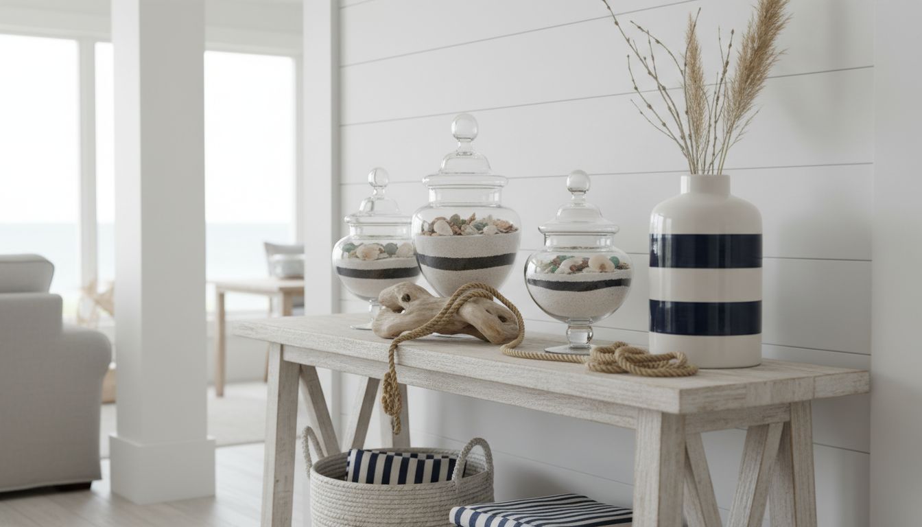 Konsolentisch im maritimen Stil mit Glasgefäßen, Seil-Deko und gestreifter Keramikvase