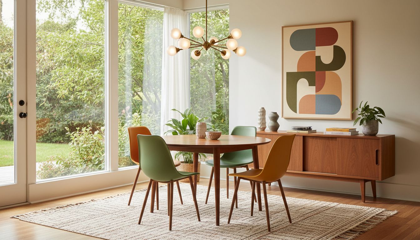 Mid-Century Essbereich mit rundem Teakholztisch, Schalenstühlen und Sputnik-Pendelleuchte