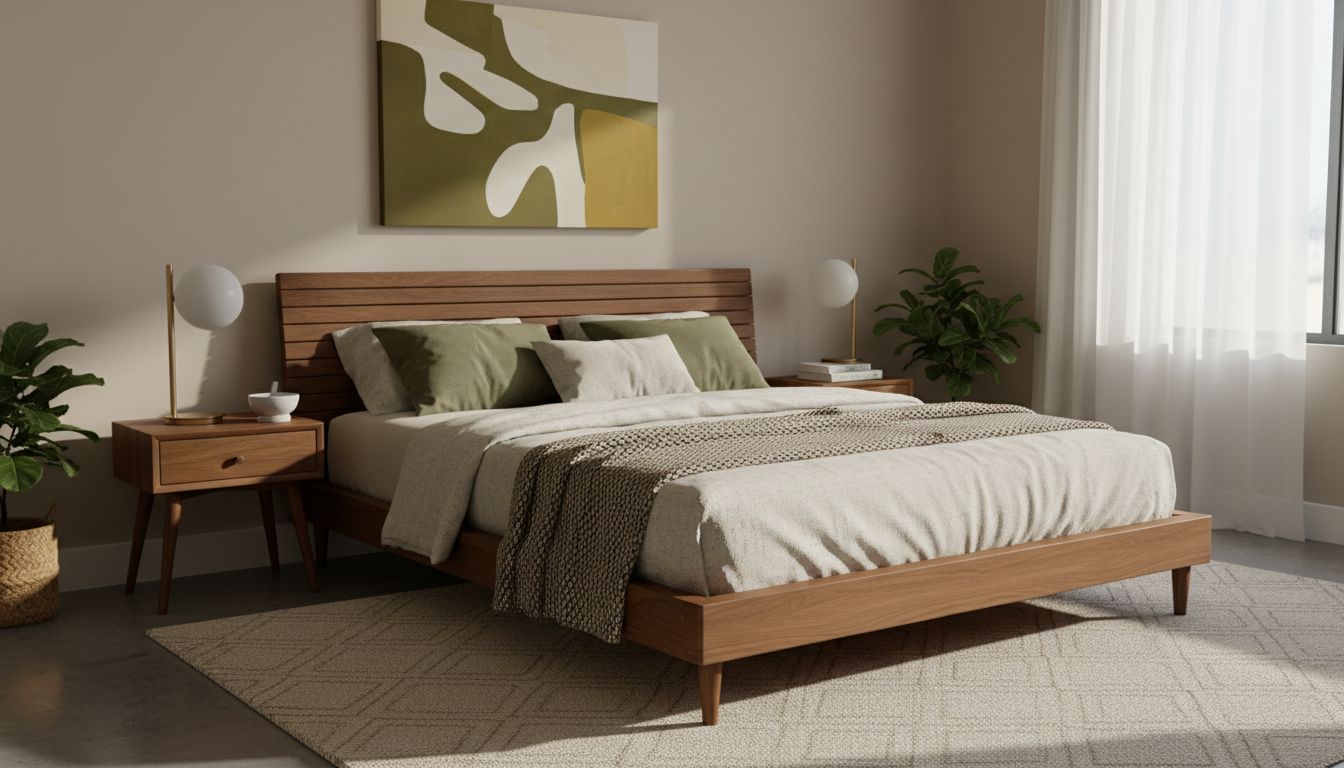 Mid-Century Schlafzimmer mit niedrigem Holzbett, Nachttischen mit konischen Beinen und Retro-Lampe