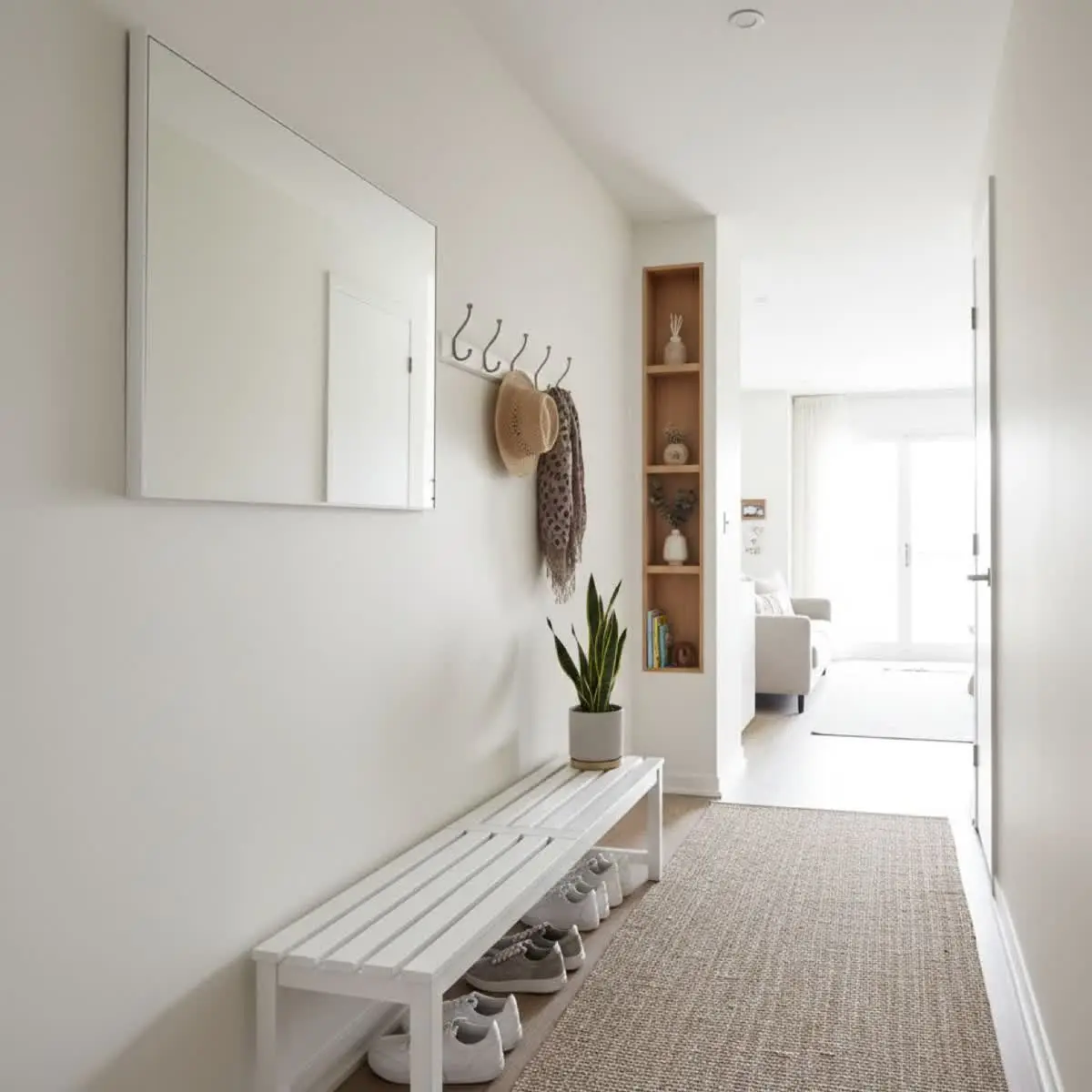 Schmaler Flur in Mietwohnung ohne Bohren praktisch eingerichtet