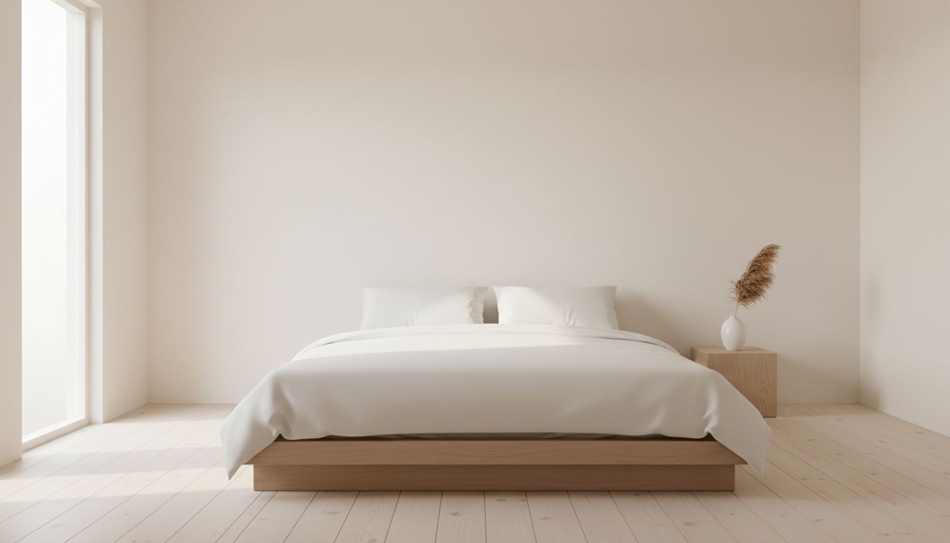 Minimalistisches Schlafzimmer mit niedrigem Bett, weißer Bettwäsche und einem schlichten Holznachttisch