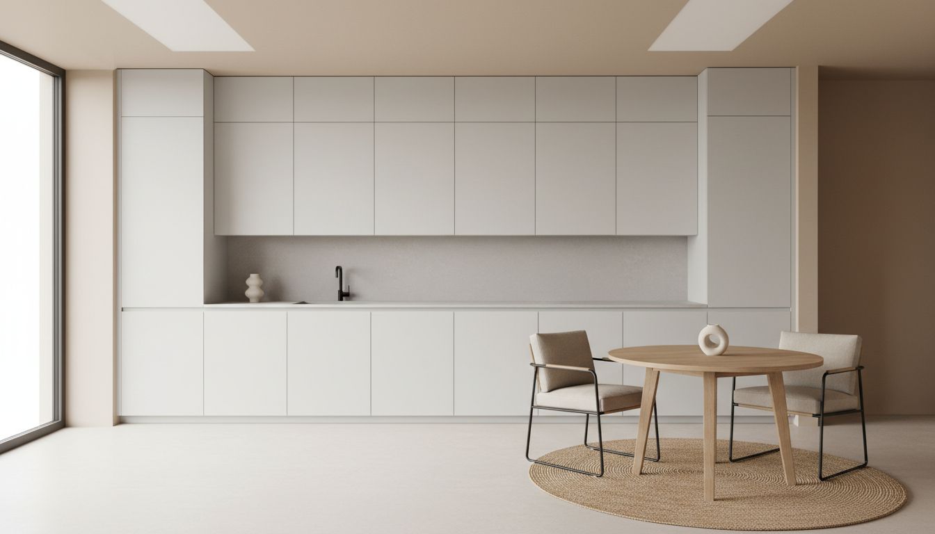 Minimalistische Küche mit grifflosen Fronten, freier Arbeitsfläche und einem kleinen runden Esstisch