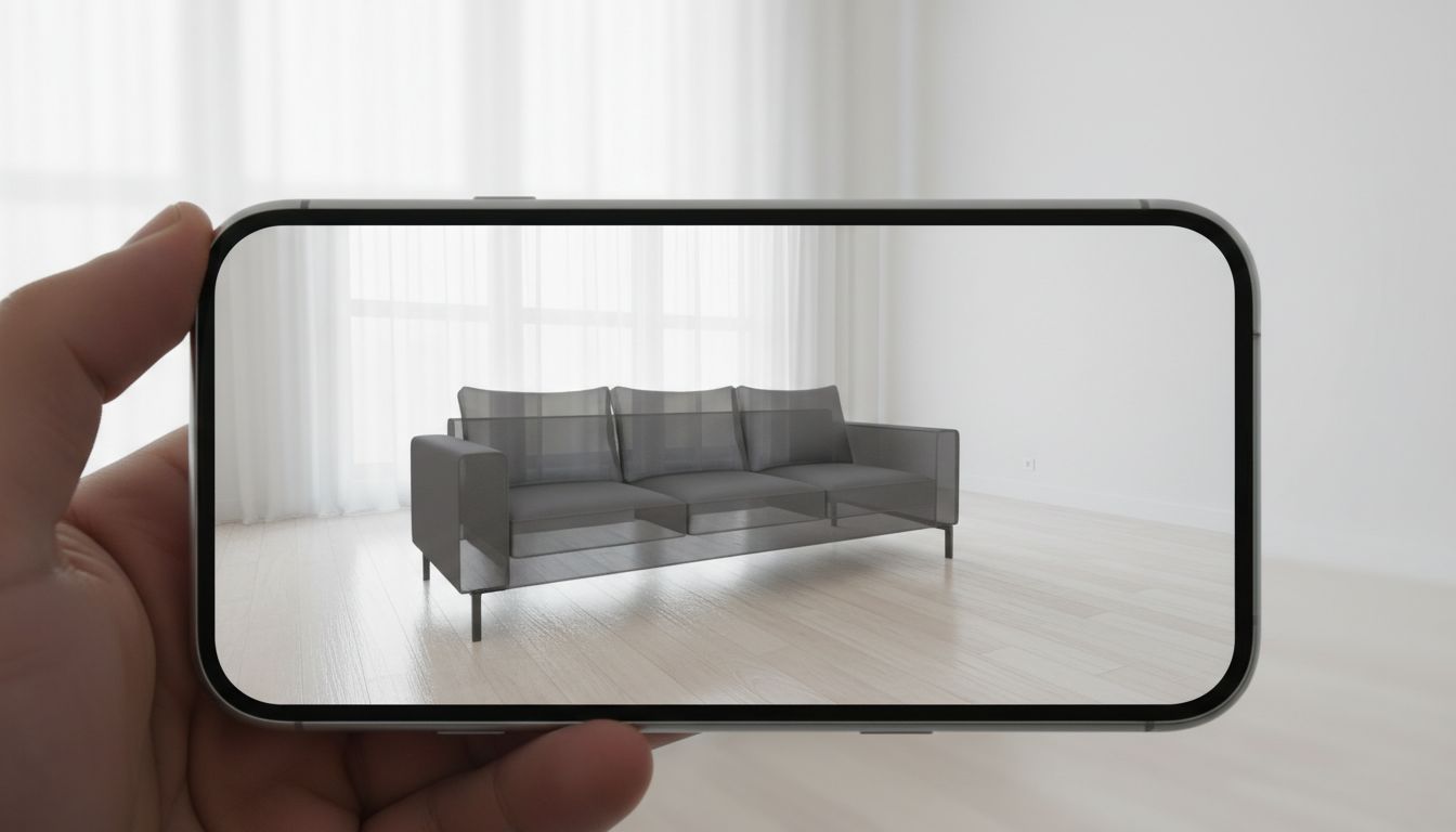 Nahaufnahme eines Smartphone-Bildschirms mit einer Sofa-Silhouette, die per Augmented Reality realistisch in eine echte leere Zimmerecke eingeblendet wird
