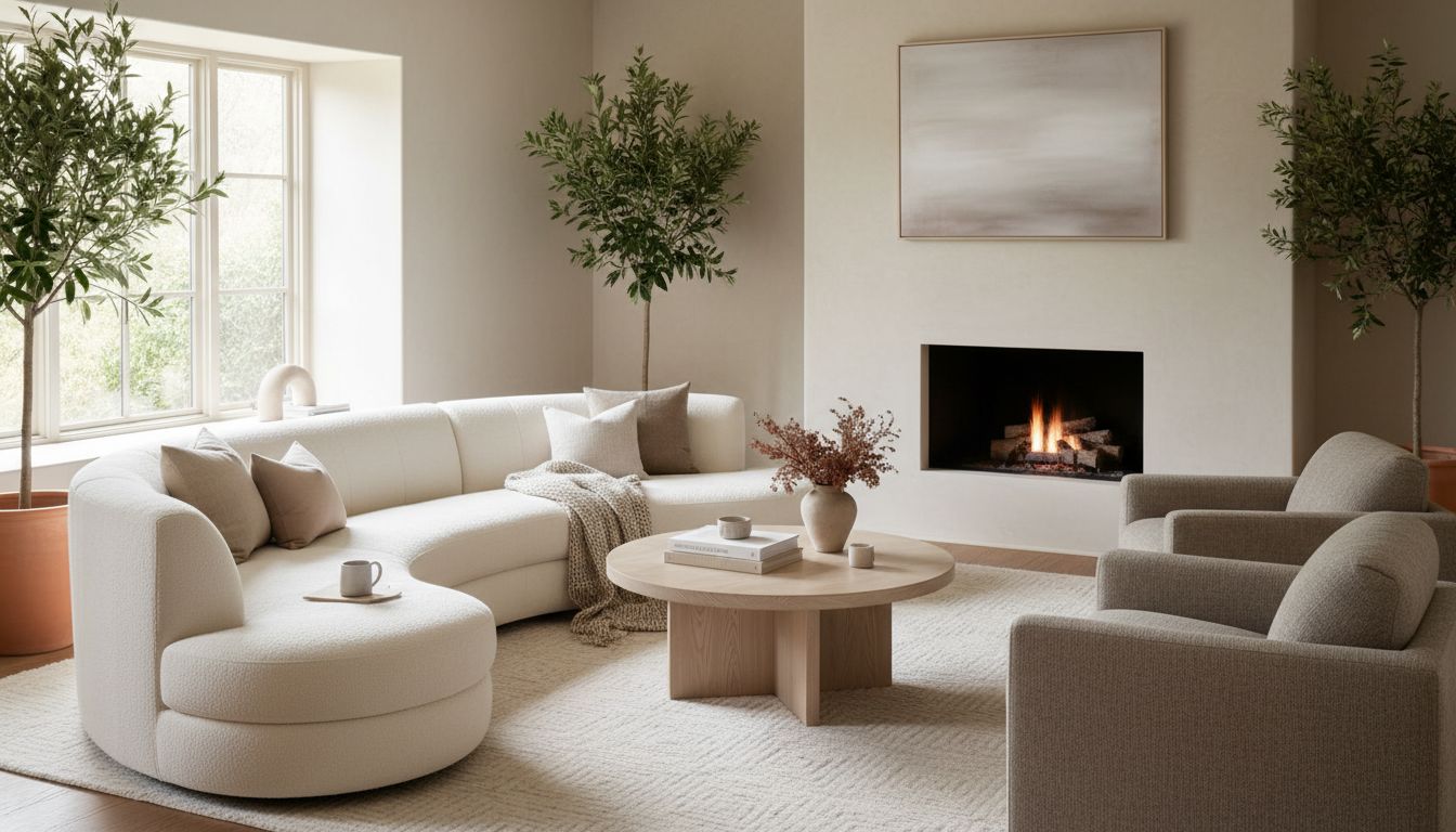 Gemütliches Wohnzimmer mit einem passend eingefügten Sofa und Couchtisch in warmen, neutralen Farbtönen