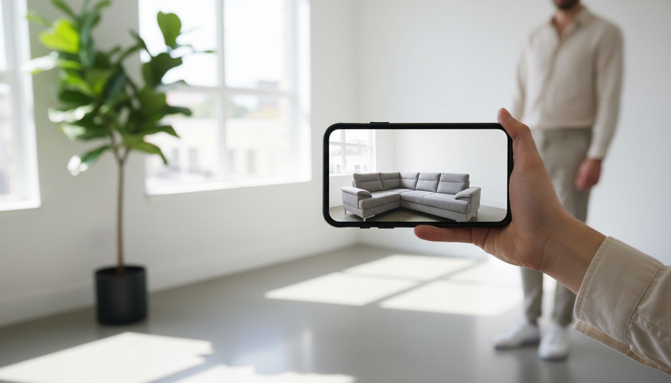 Person hält Smartphone hoch, das ein Sofa per Augmented Reality in einer leeren Zimmerecke platziert