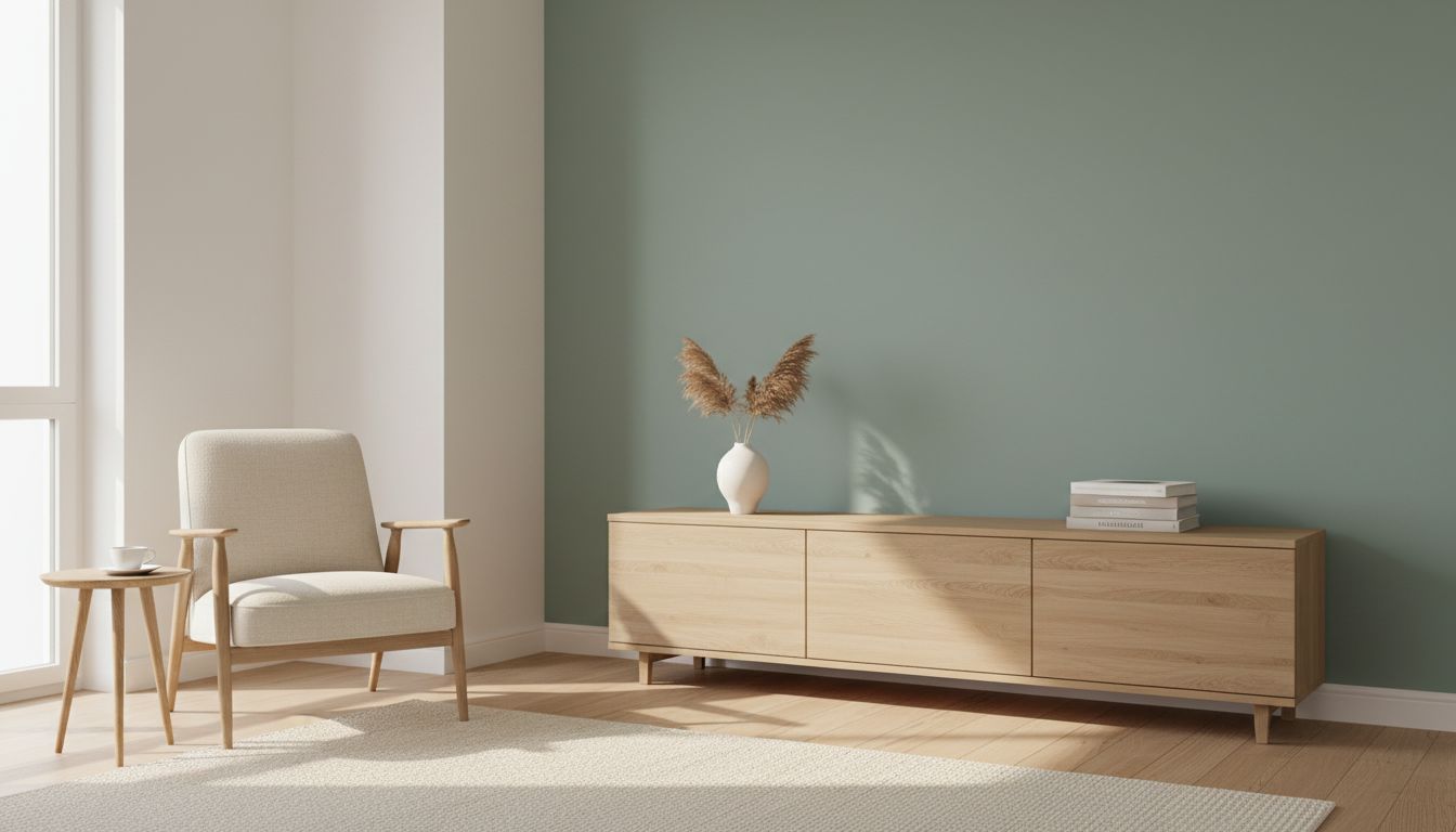 Wohnzimmerecke mit salbeigrüner Akzentwand, hellem Eichen-Sideboard und Sessel