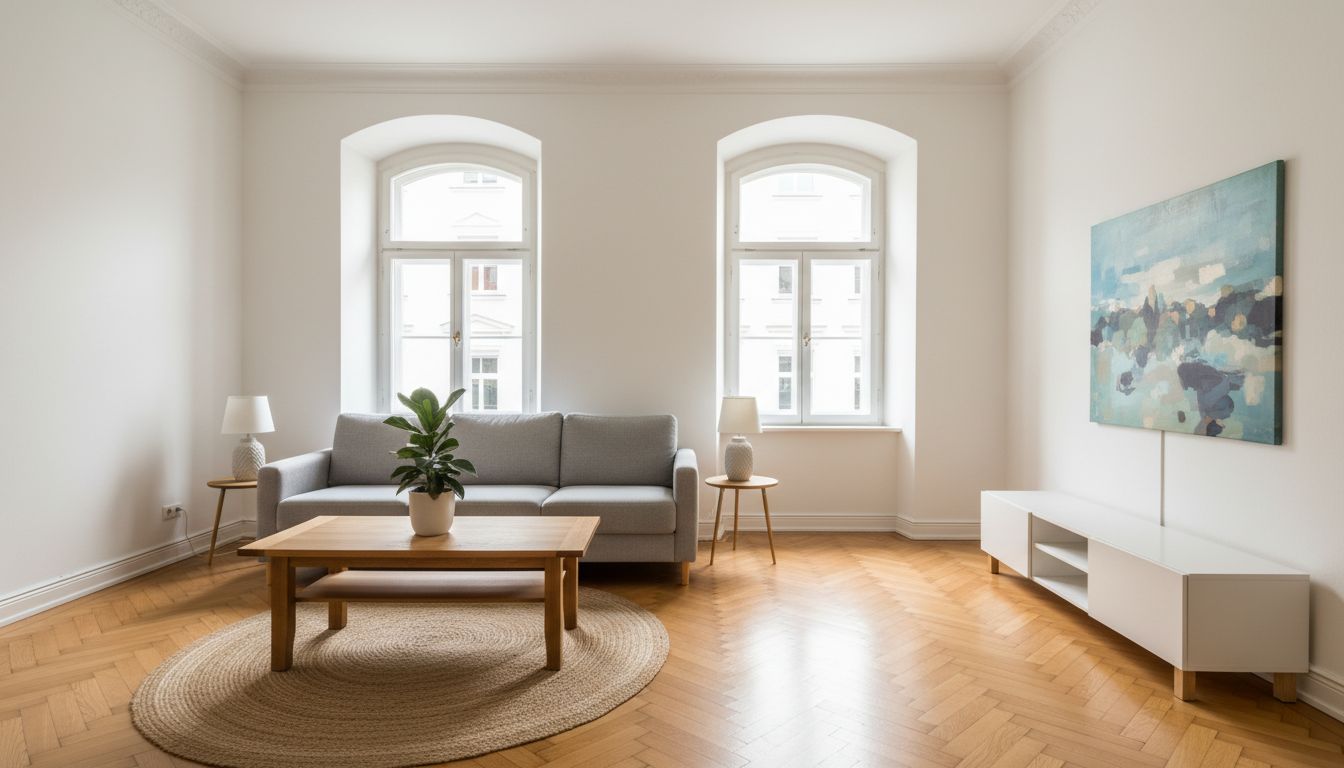 Helles Wohnzimmer in einer Altbauwohnung mit Fischgrätparkett, grauem Sofa und Holz-Couchtisch