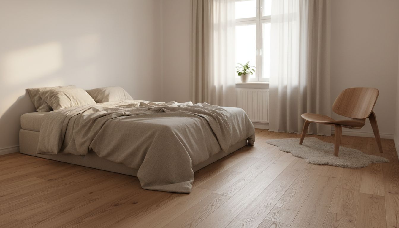 Schlafzimmer mit Leinenbettwäsche, Holzsessel und hellem Eichenparkett im Morgenlicht