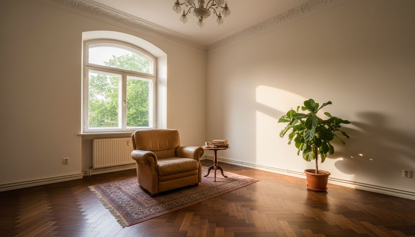Gebrauchter Sessel aus einem Kleinanzeigen-Inserat, virtuell in ein Altbau-Wohnzimmer eingesetzt, bevor die Besichtigung stattfindet