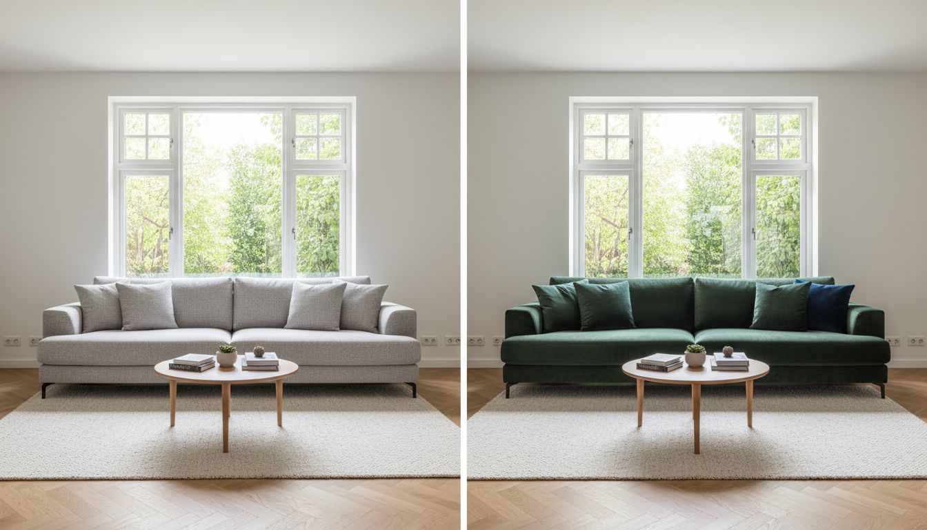 Zwei Varianten desselben Wohnzimmers mit unterschiedlichen Sofas im direkten Vergleich, virtuell eingesetzt vor dem Kauf