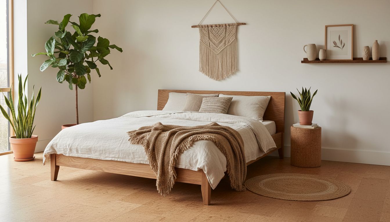 Nachhaltig gestaltetes Schlafzimmer mit Massivholzbett, Bio-Baumwollbettwäsche und Korkboden