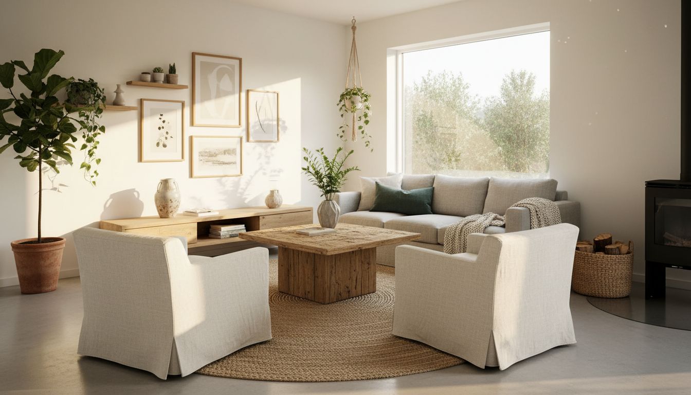 Helles Wohnzimmer nachhaltig eingerichtet mit Massivholzmöbeln, Leinenstoffen und Pflanzen