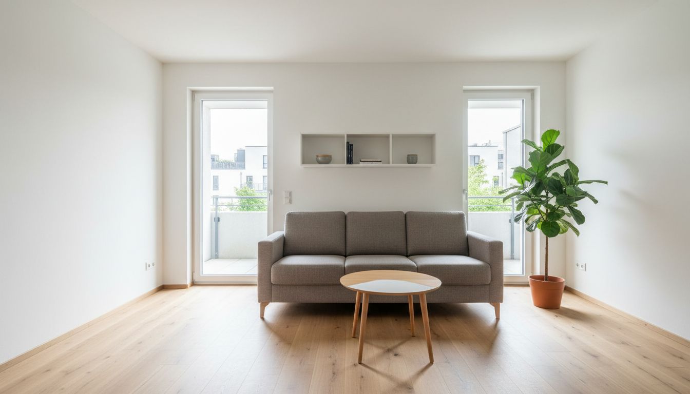 Neubauwohnung mit KI eingerichtet: helles Wohnzimmer mit Sofa, rundem Couchtisch, Regal und Zimmerpflanze vor bodentiefen Fenstern