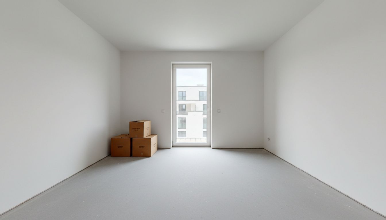 Leeres Zimmer einer Neubauwohnung mit weißen Wänden, Balkontür und Umzugskartons als typisches Ausgangsfoto