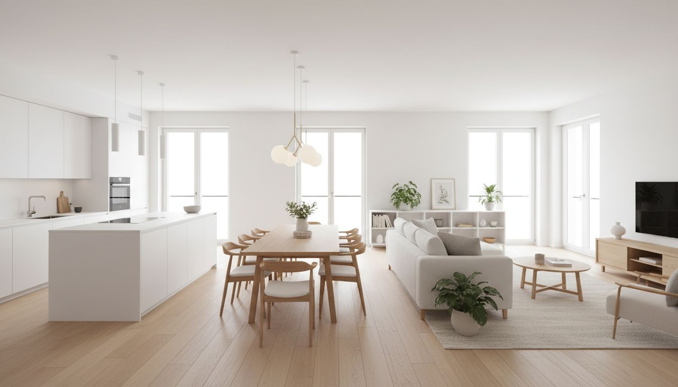 Offener Wohnbereich einer Neubauwohnung mit Küche, Esstisch und Sofa, durch Teppich und Pendelleuchte in Zonen gegliedert