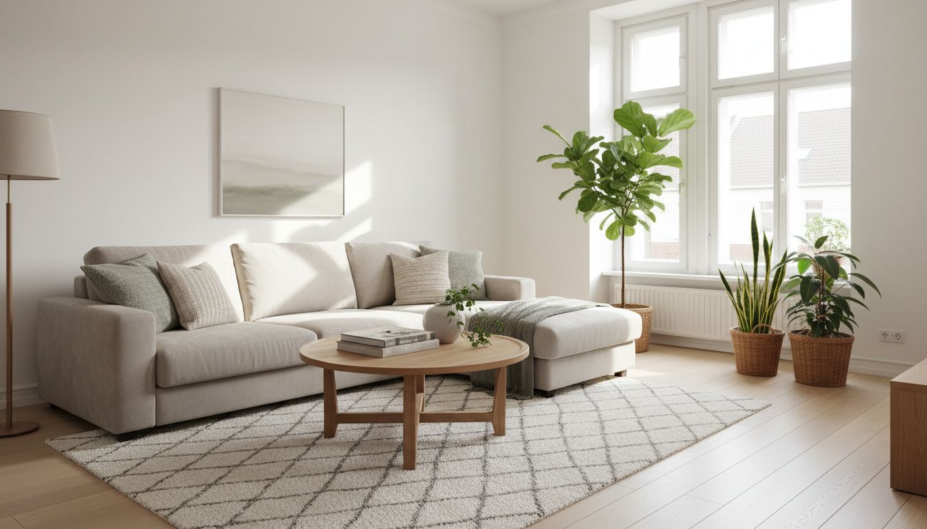 Fertig eingerichtetes, helles Wohnzimmer als Ergebnis einer Online-Einrichtungsberatung mit KI-Designvorschlag