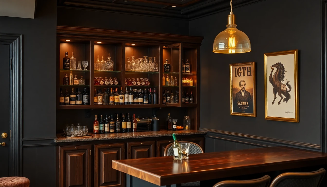 Gemütliche Bar Ecke in einem Partyraum mit dunklem Holz Barschrank, Glasregalen, warmen Pendelleuchten, Flaschen, kleinen Barhockern und Messing Akzenten vor dunkler Wand