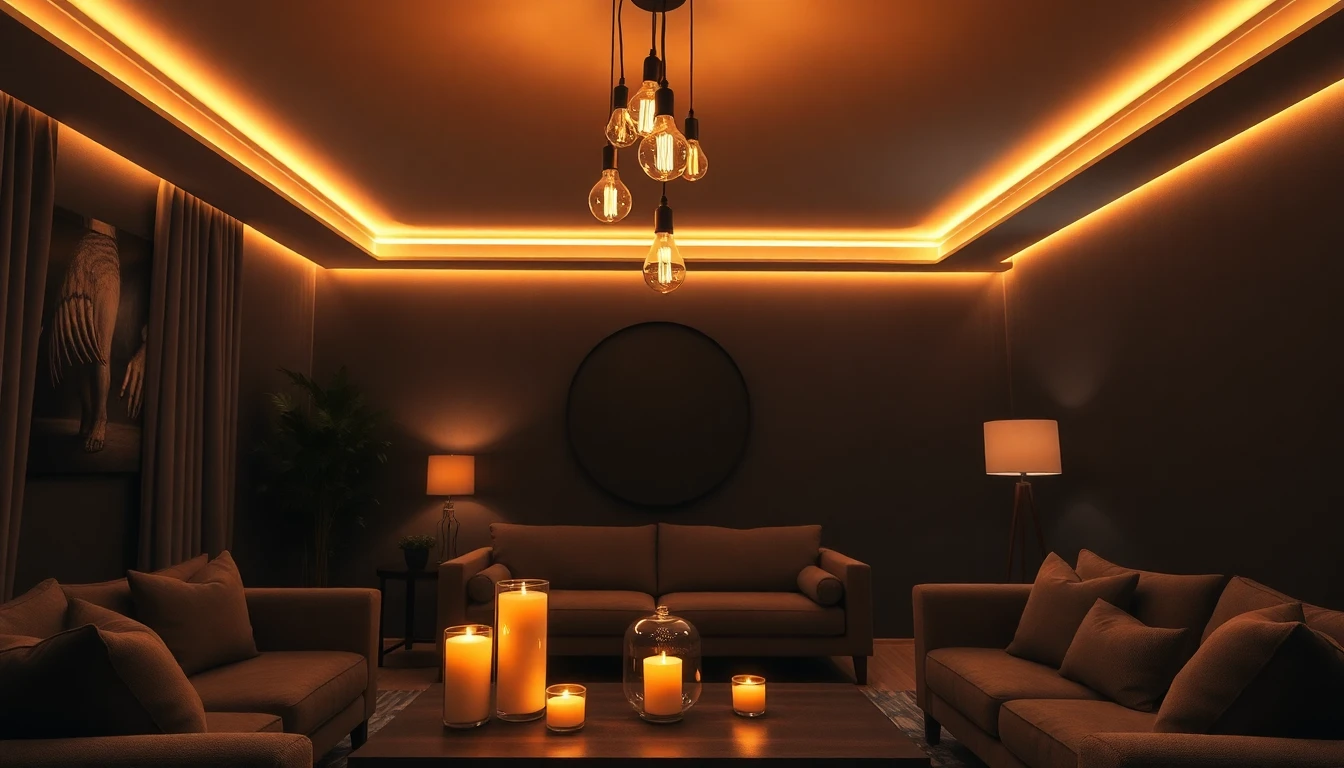 Atmosphärisches Lichtkonzept in einem Partyraum mit warmen Amber LED Streifen, dimmbaren Edison Pendelleuchten, Kerzen auf einem Couchtisch, Stehlampe und sanftem Glow auf dunklen Wänden am Abend