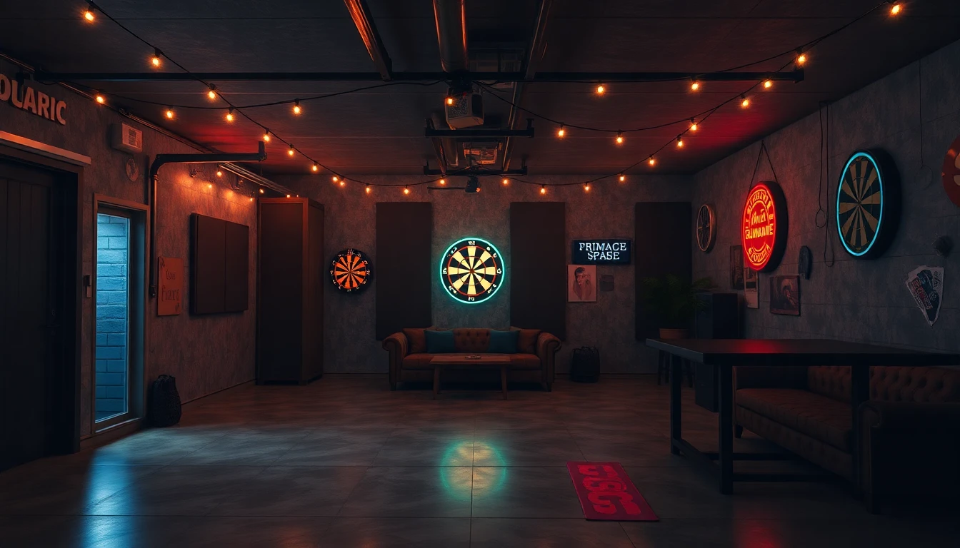 Garage umgebaut zum Partyraum mit poliertem Betonboden, akustischen Wandpaneelen, Lichterketten, Dartscheibe, Neon Wandzeichen, Sofa, Bartisch und dunkler stimmungsvoller Atmosphäre