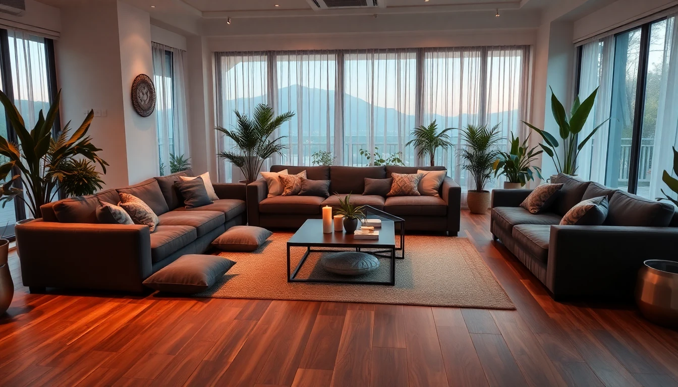 Gemütliche modulare Sitzlandschaft in einem Partyraum mit großem Sectional Sofa, übergroßen Bodenkissen, niedrigem Couchtisch, Zimmerpflanzen, warmem Teppich und atmosphärischem Abendlicht